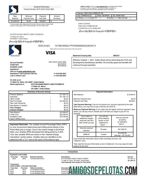 USA Sutton Bank Credit Card Statement amostra
